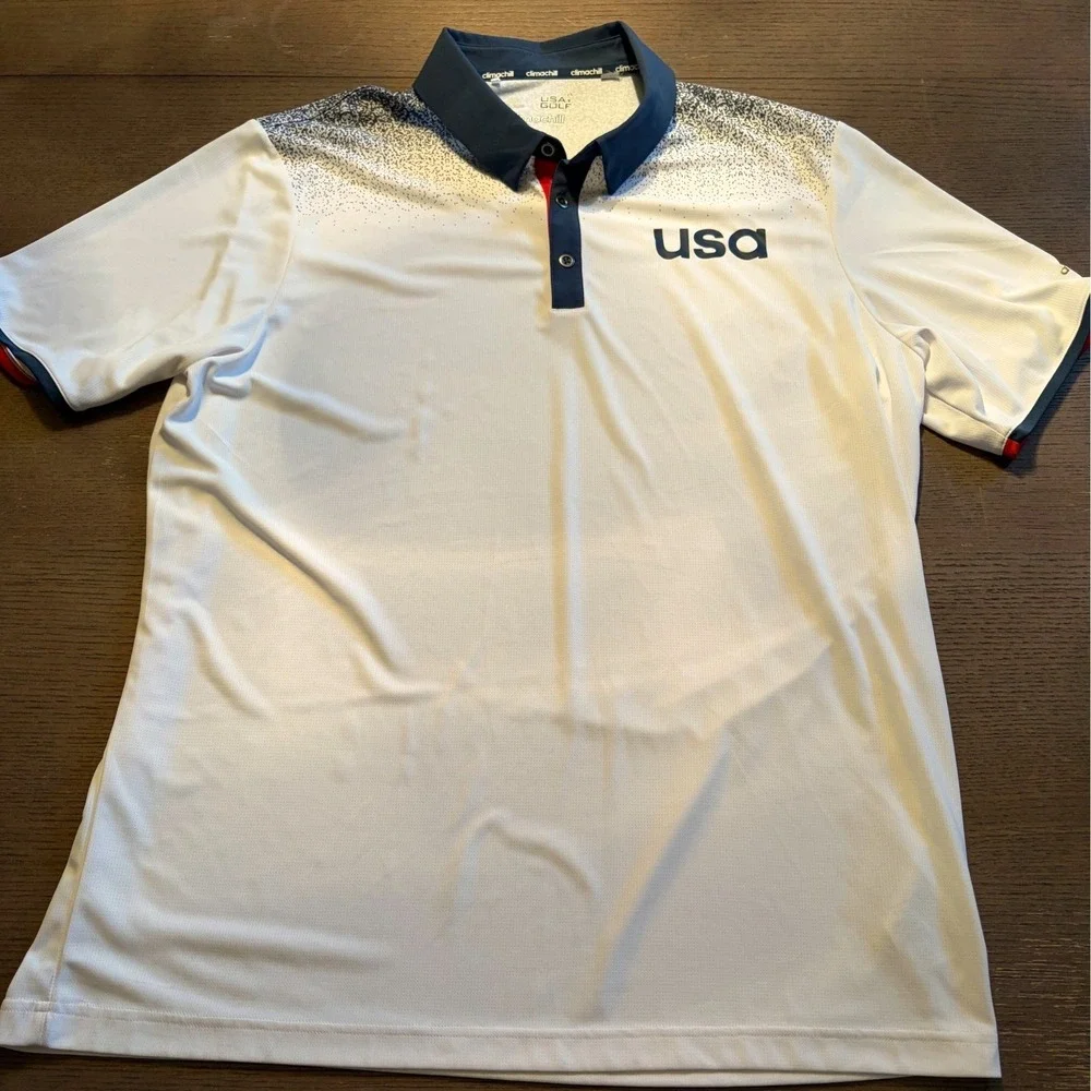 Adidas USA Golf Climachill Polo Shirt Mens XL White Navy Speckle Gradient
